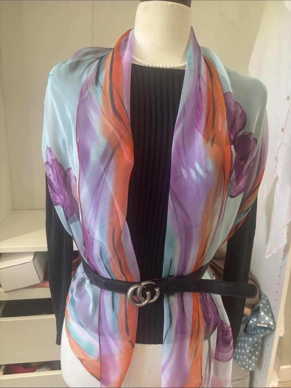 Light Blue Floral Wrap Scarf with Purple and Orange Accents